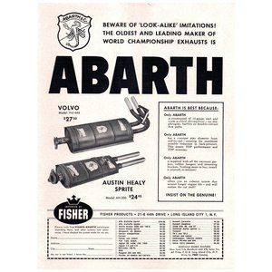 1962 Abarth Performance Exhaust Vintage Print Ad Austin Healy Sprite Volvo